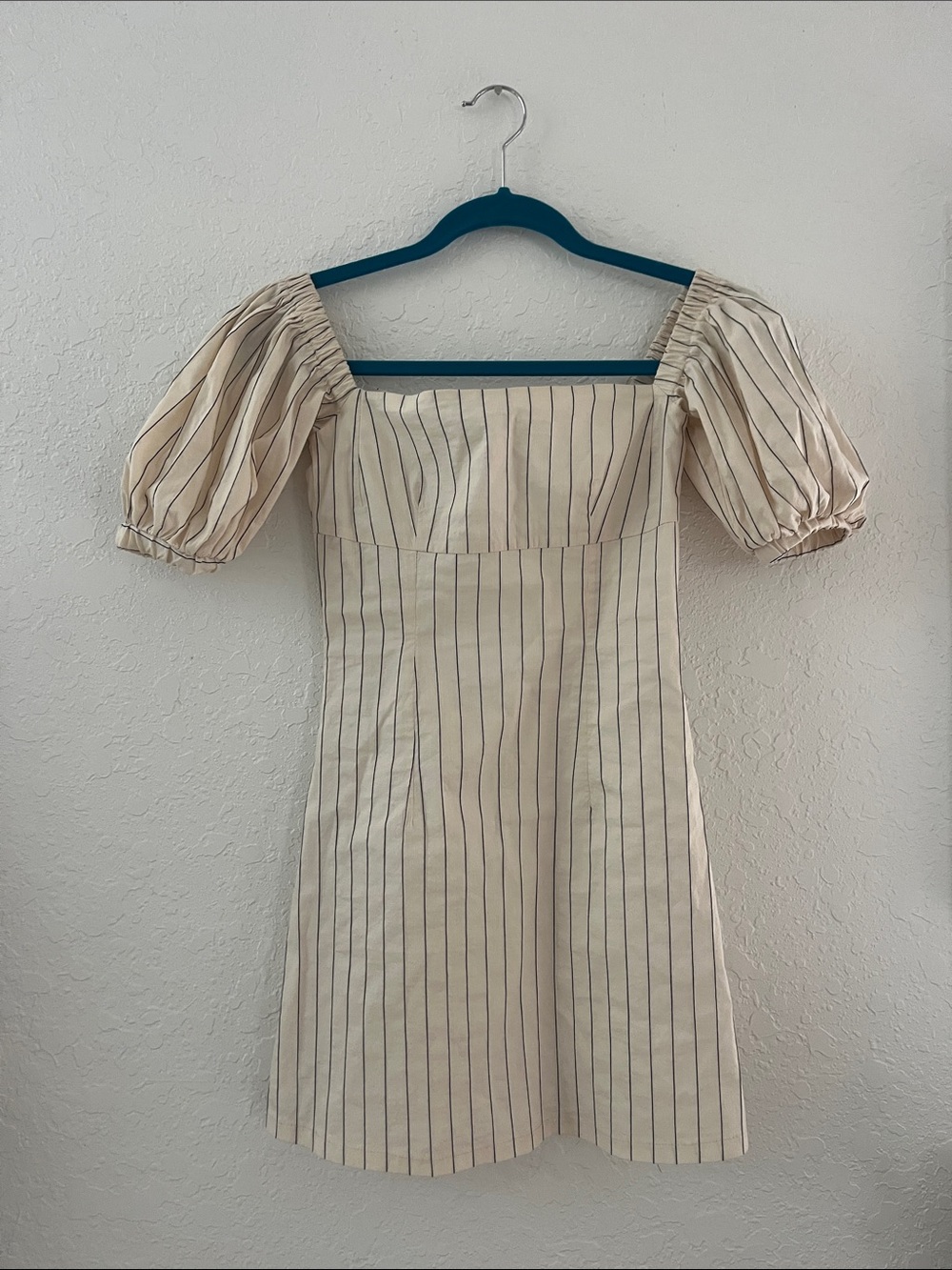 Striped Puff-Sleeve Square Neck Dress - Cream